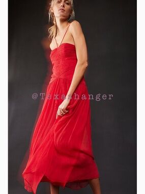 Free People + Shona Joy NWT Margot Ruched Midi Dress Size 2 Sailor Red